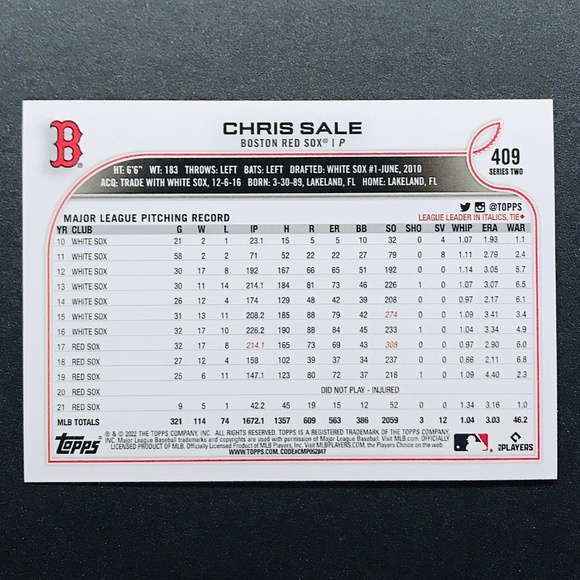 Chris Sale - 2022 Topps Rainbow Foil #409 - Picture 2 of 2